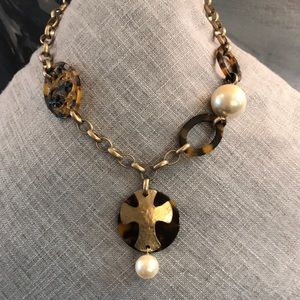 Adjustable Animal Print, Pearls w/ Cross Necklace